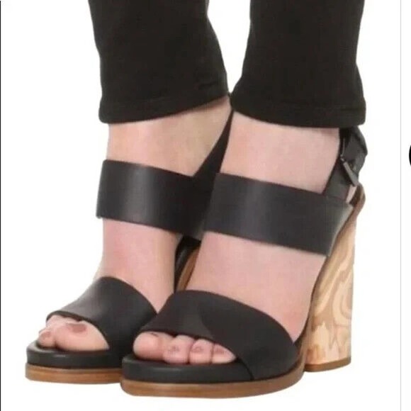 Vince Haley Sandal Black Leather Open Toe Two Strap Ankle Buckle Wood He… - Picture 11 of 11